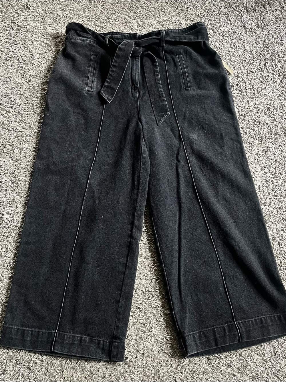 Cleobella Black High Waisted Wide Leg Denim Jeans Belted Pintuck Seams XL **read